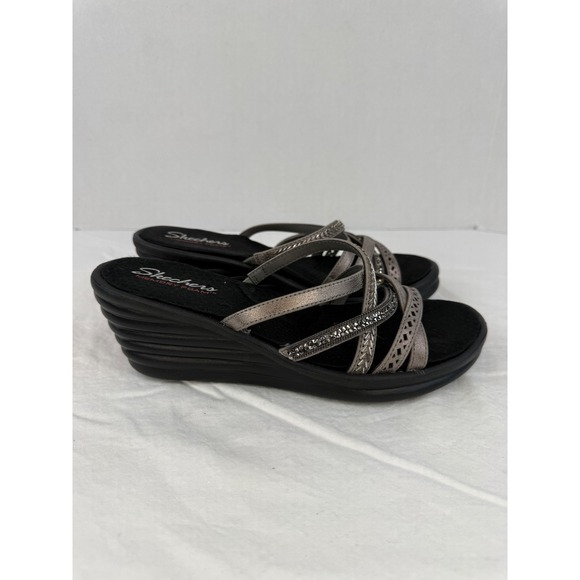 Skechers Womens Pewter Metallic Rhinestone Memory Foam Wedge Sandals Size 9 - Picture 8 of 11